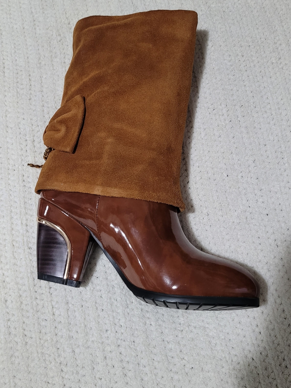 Two-Tone Brown Suede & Patent Leather Mid-Calf Heeled Fall Boot